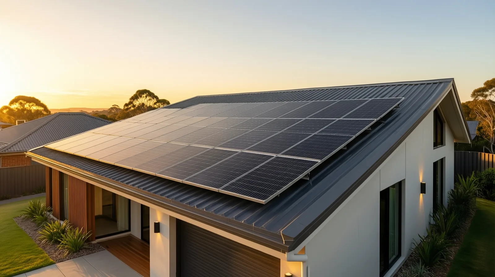 Installer fitting a solar panel on an Australian rooftop in golden afternoon light
