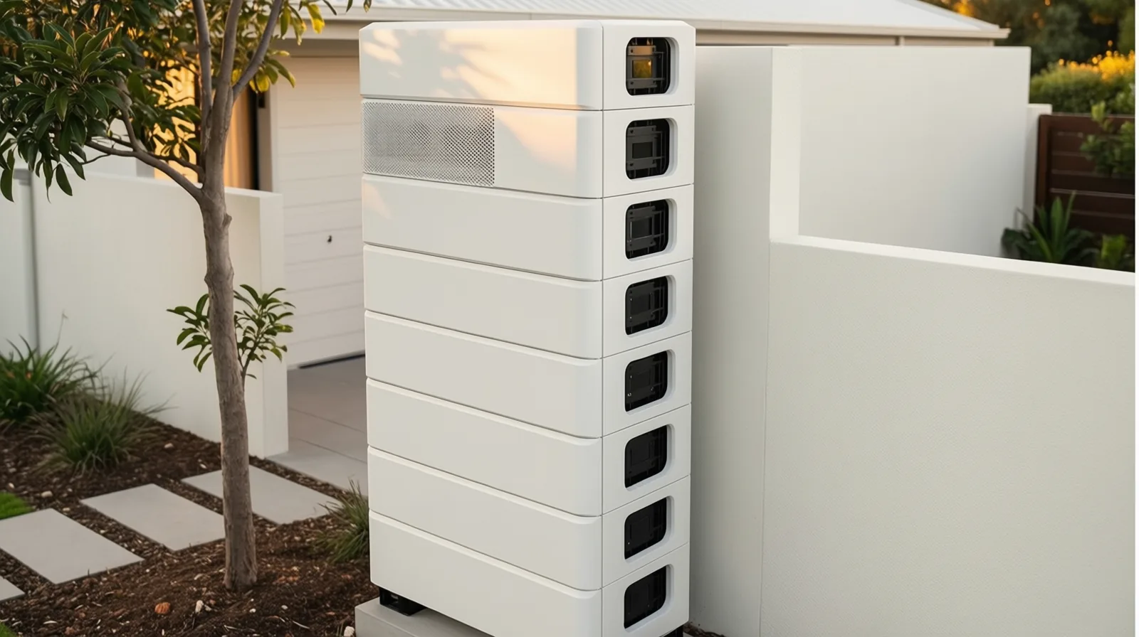 Sleek wall-mounted home battery in a modern garage under soft light