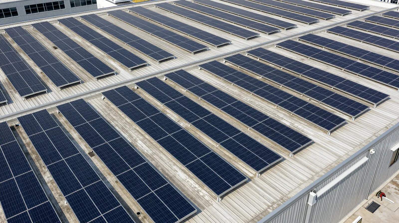 Aerial view of long rows of solar panels across a commercial rooftop