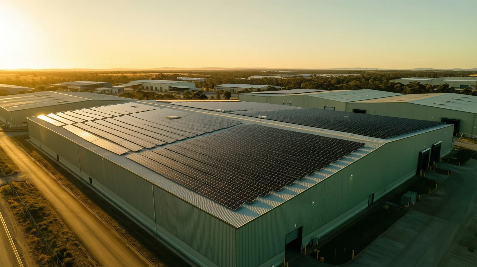Aerial view of a large commercial warehouse roof covered in solar panels