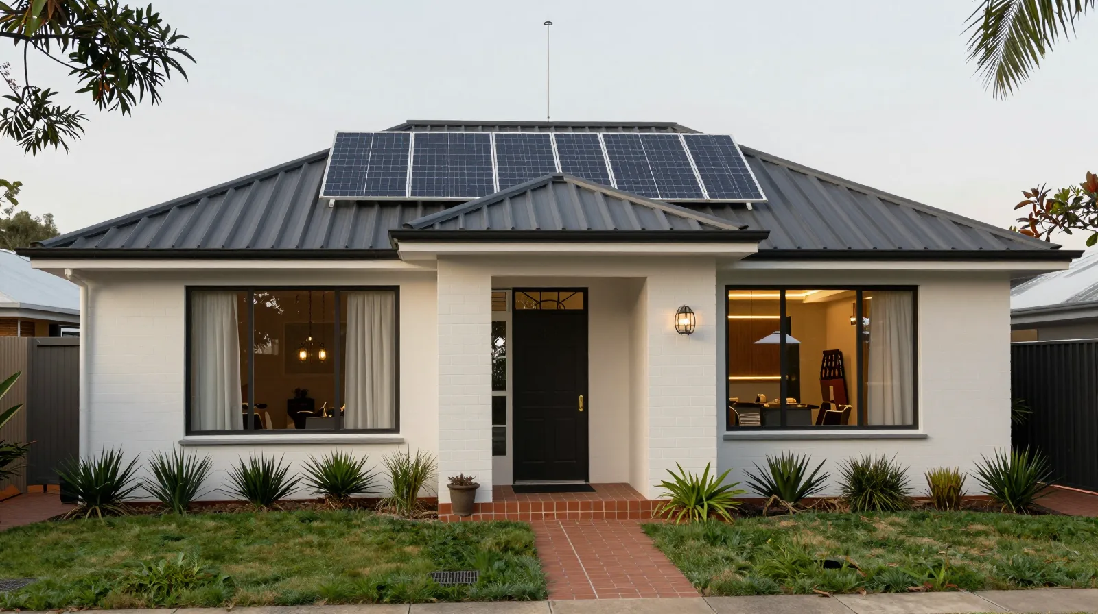 Close-up of solar panels on an Australian roof in golden light