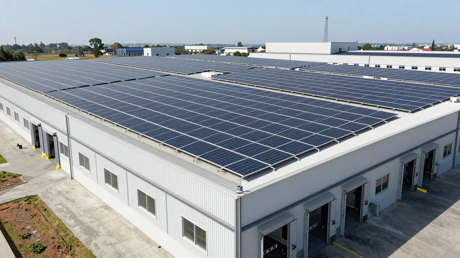 Aerial view of a large commercial warehouse roof covered in solar panels