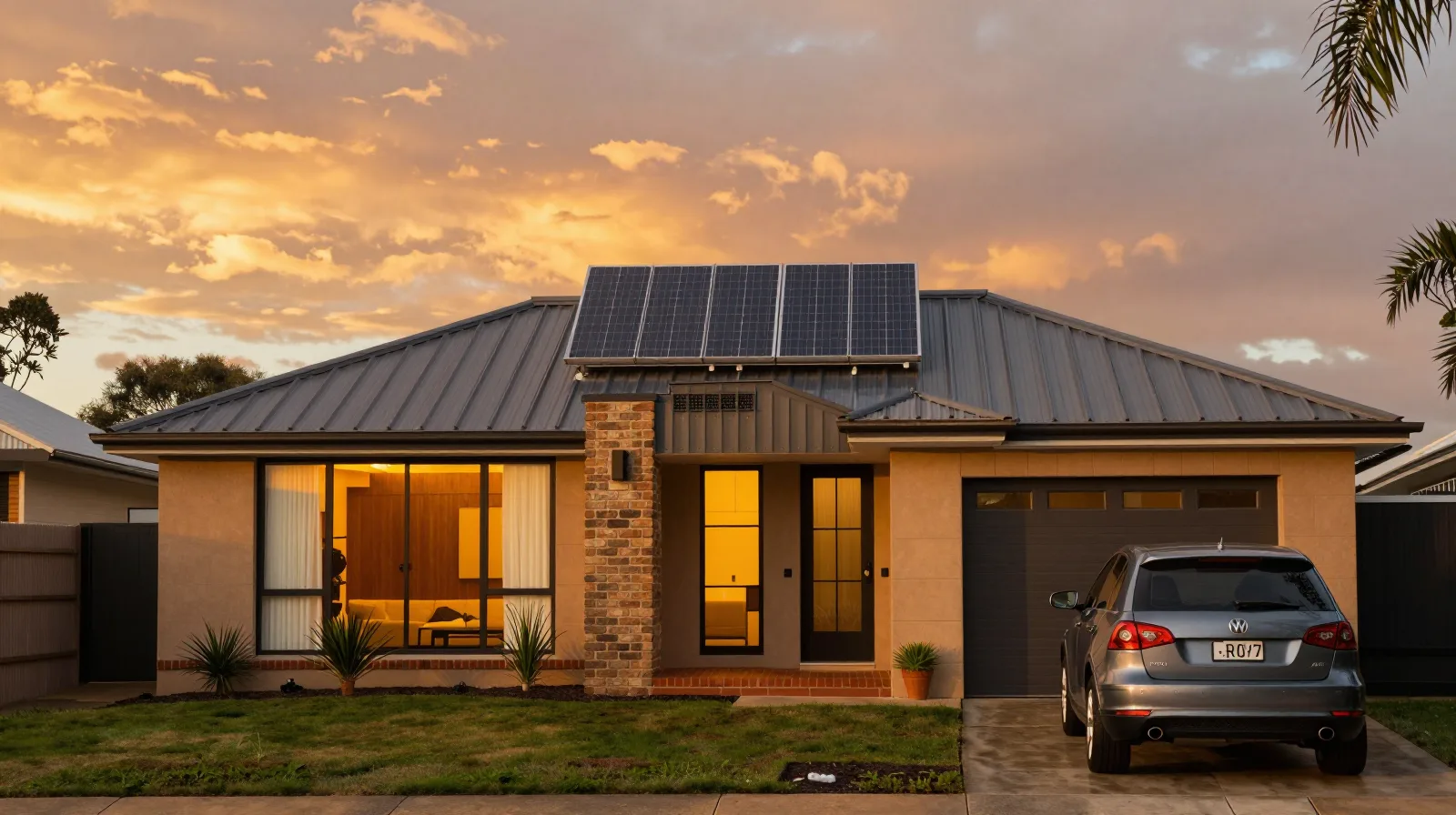 Contemporary Australian home with rooftop solar panels in warm afternoon light