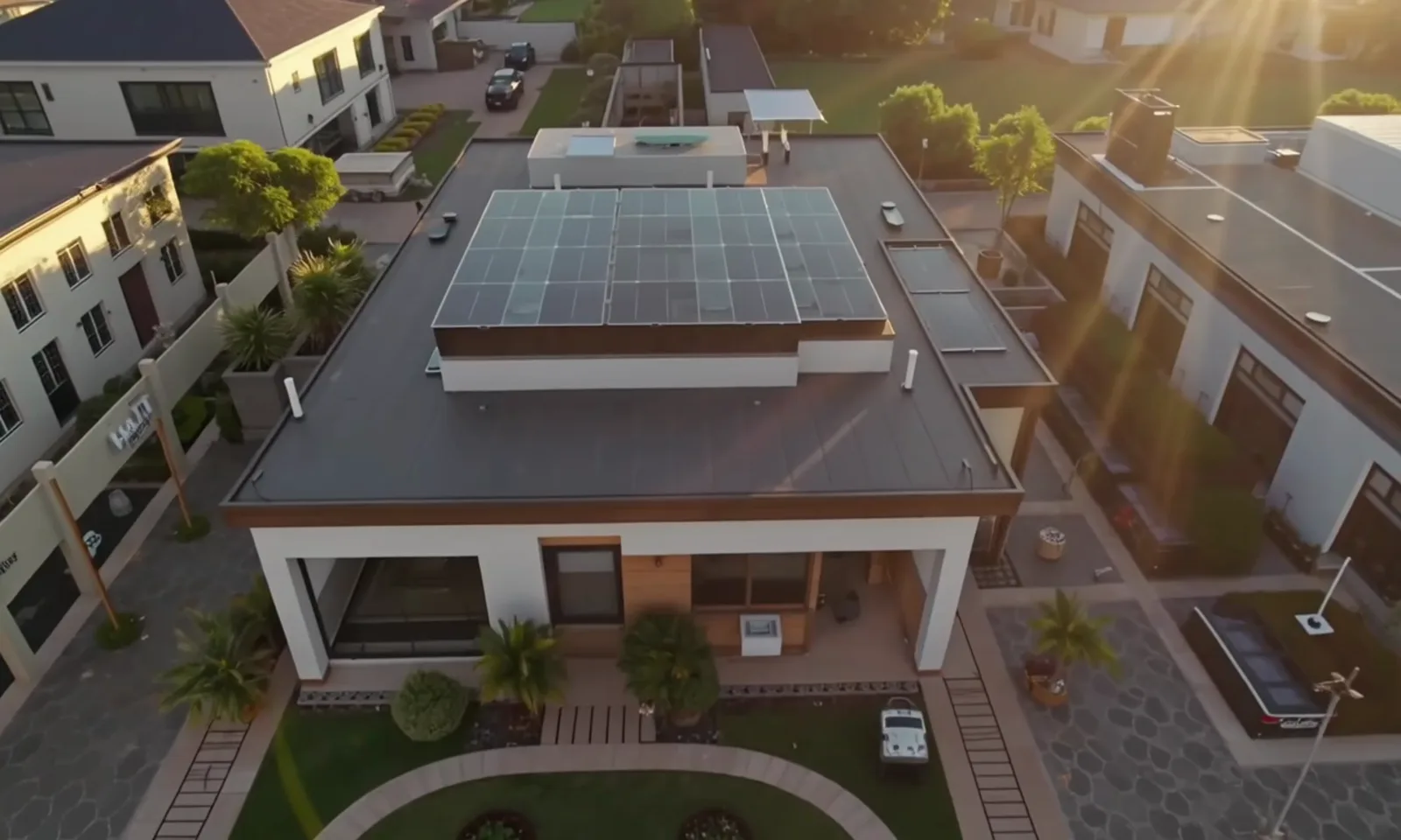 A modern Australian home with rooftop solar panels at golden hour