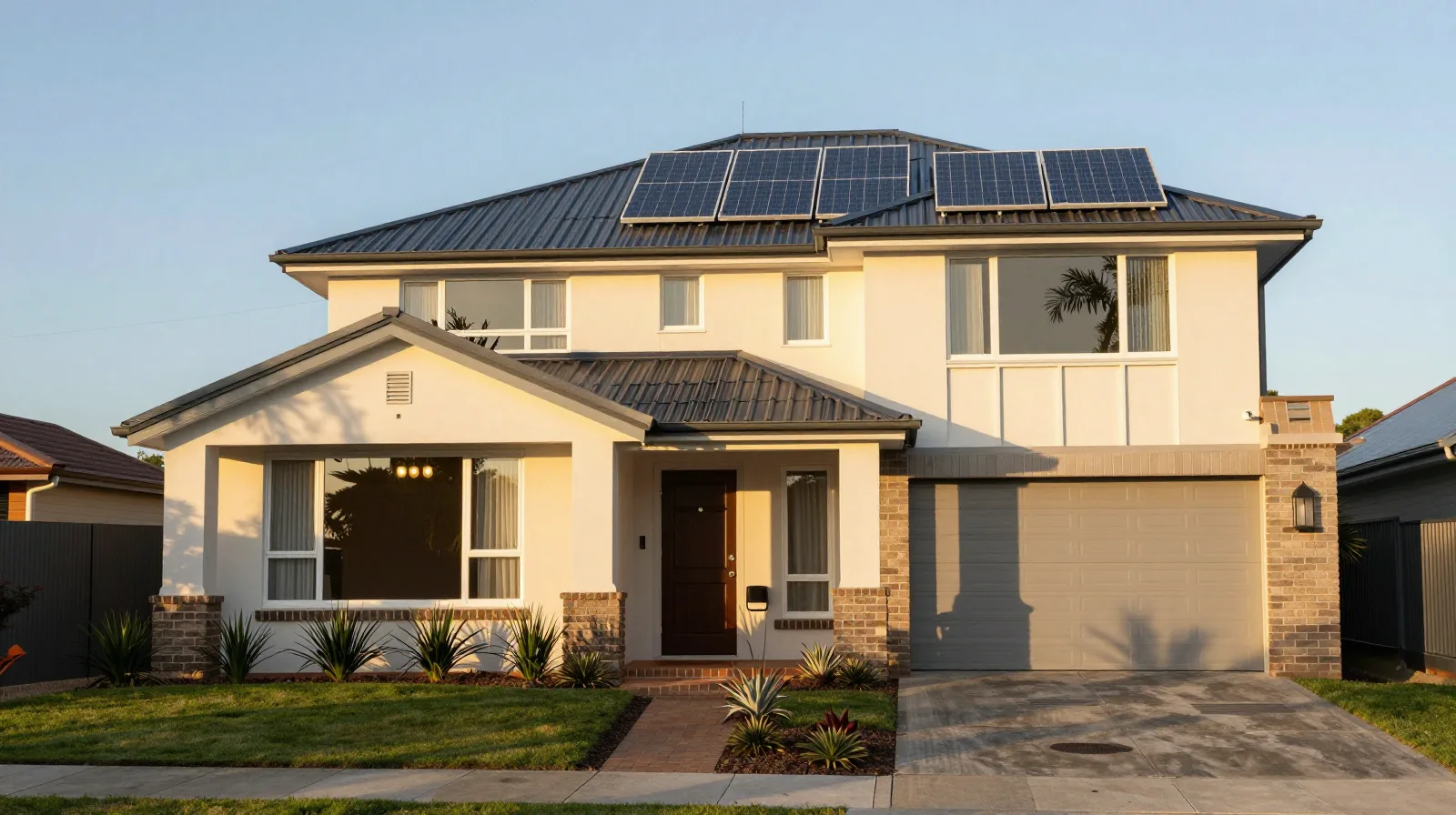 Australian family home with rooftop solar panels in warm afternoon light