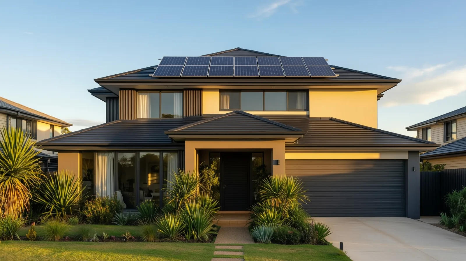 Contemporary Australian home with rooftop solar panels in warm afternoon light