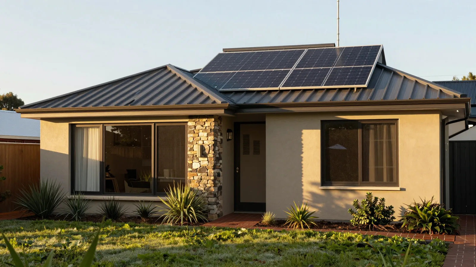 A modern Australian home with rooftop solar in golden light