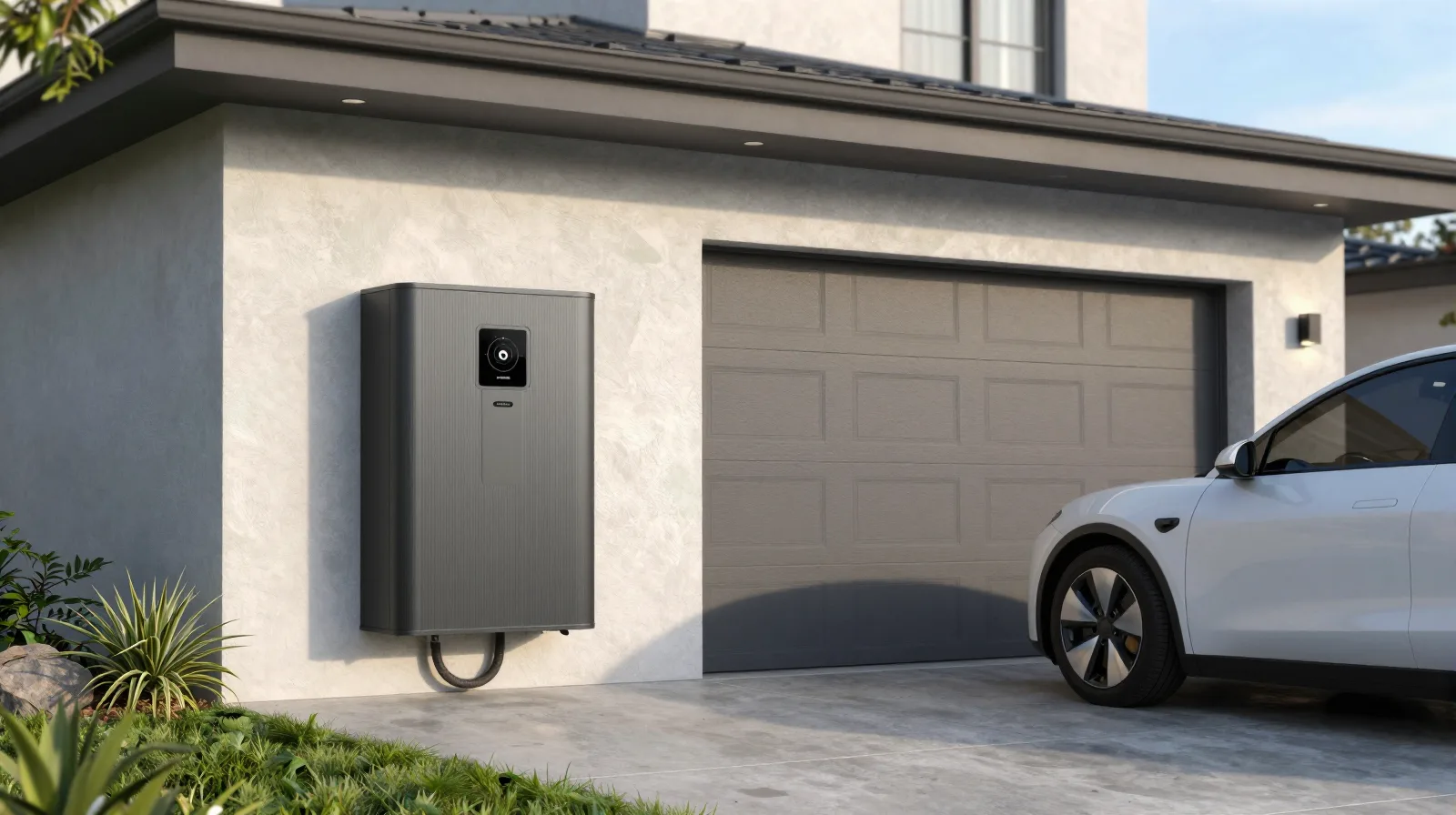 A wall-mounted home battery in a Victorian garage