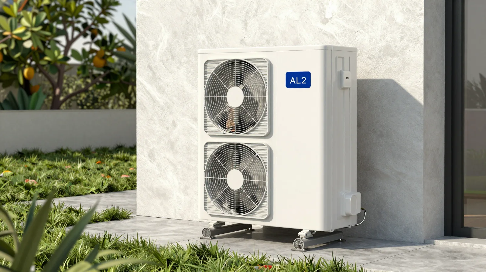 A hot water heat pump unit outside a home