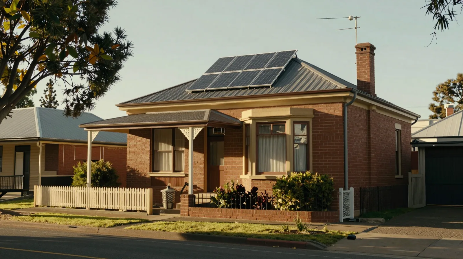 A Melbourne home with rooftop solar panels at golden hour
